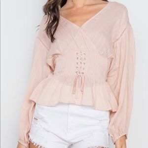Blush Long Sleeve Lace Up Surplice Neck Top